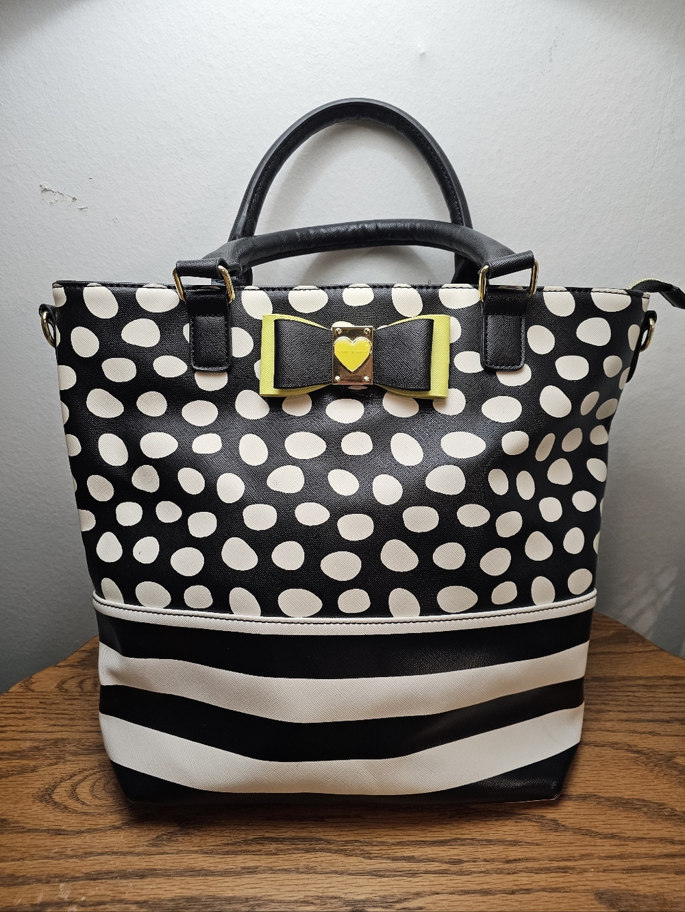 Betsey Johnson Black & White Polka Dot Tote with Yellow Heart Bow